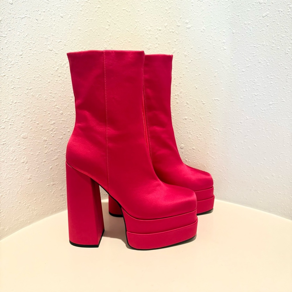 ASOS Fuchsia Satin Square Toe Hi Block Heel Platform Boots Sz 9 NWT - Picture 6 of 13